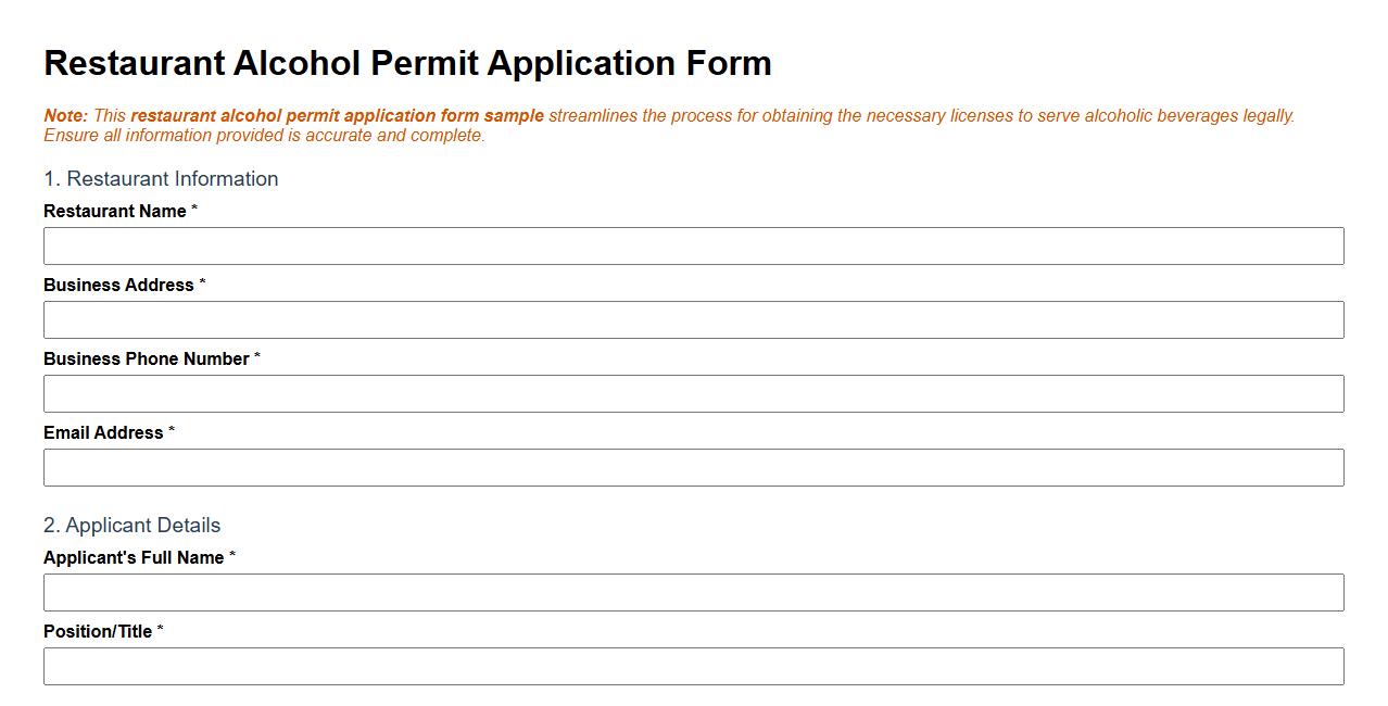 Restaurant alcohol permit application form sample image preview