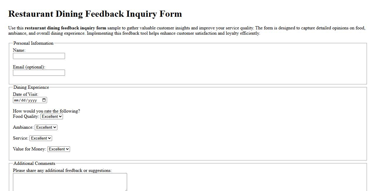 restaurant dining feedback inquiry form sample image preview