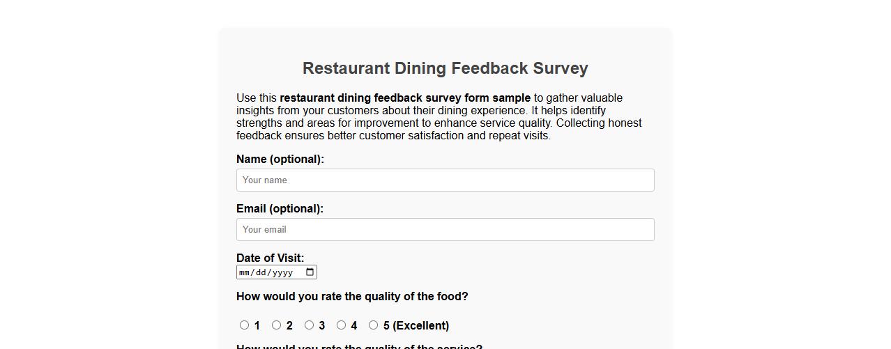 restaurant dining feedback survey form sample image preview