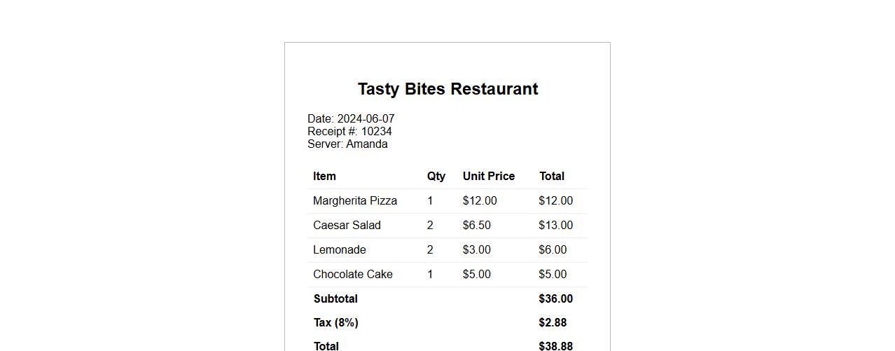 restaurant receipt with itemized charges image preview