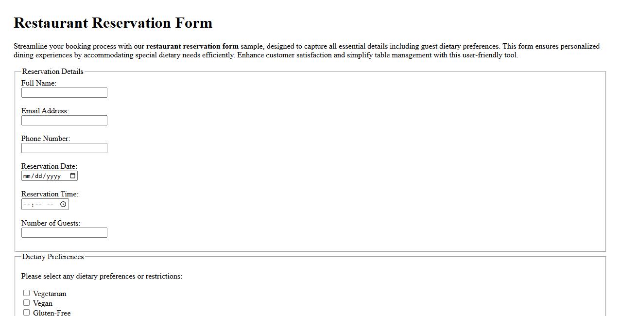 Restaurant reservation form sample with guest dietary preferences image preview