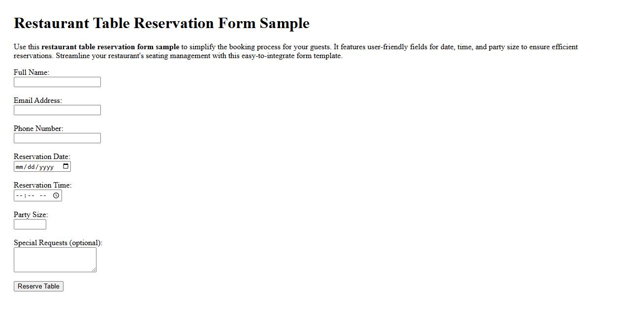 Restaurant table reservation form sample image preview