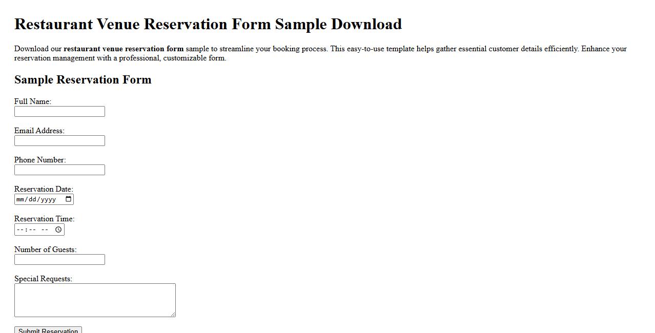 Restaurant venue reservation form sample download image preview