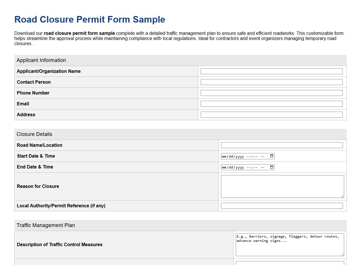road closure permit form sample with traffic management plan image preview