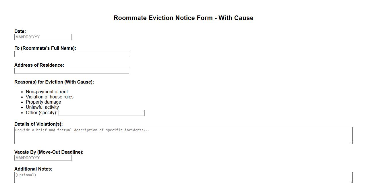 Roommate eviction notice form sample with cause image preview