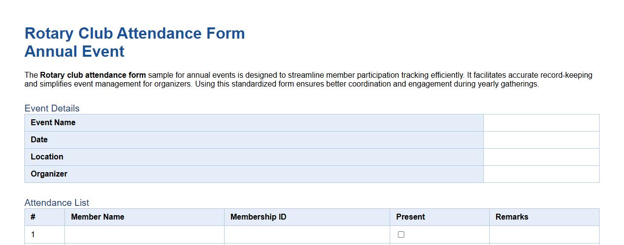 Rotary club attendance form sample for annual events image preview