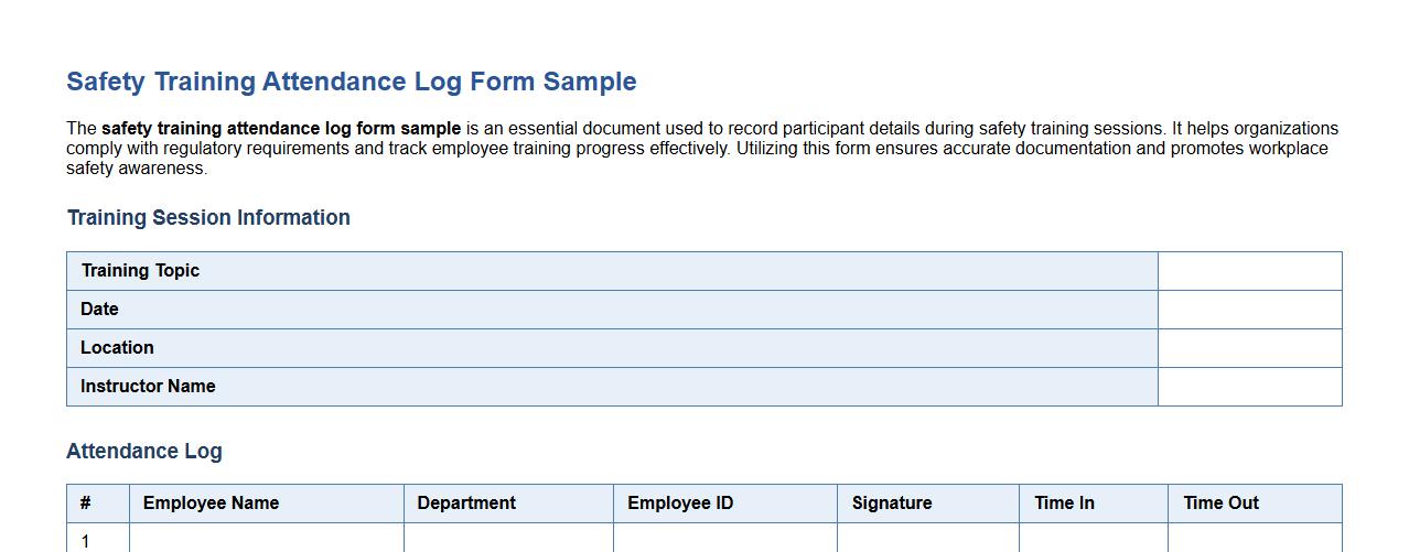 safety training attendance log form sample image preview