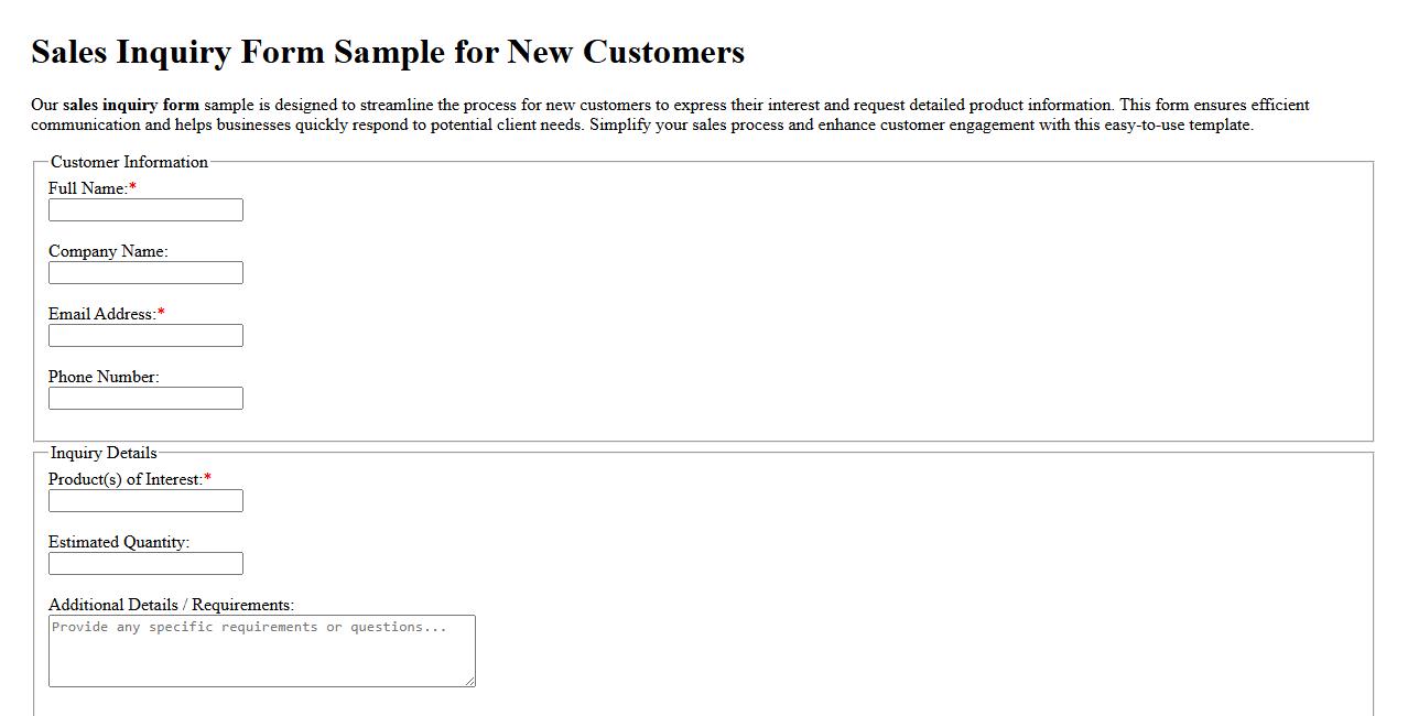 sales inquiry form sample for new customers image preview