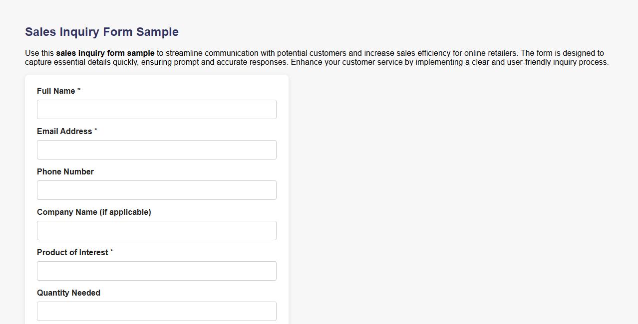 sales inquiry form sample for online retailers image preview