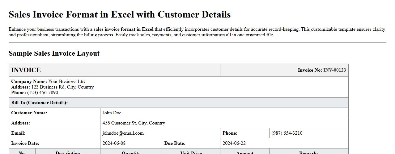sales invoice format in excel with customer details image preview