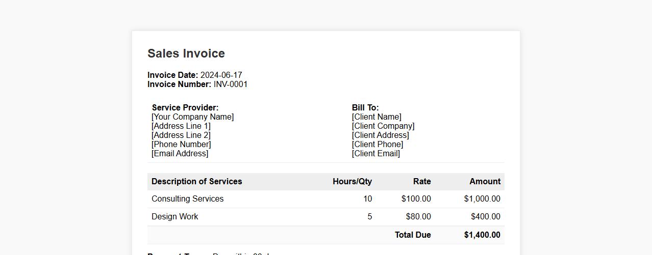 Sales invoice template for services rendered image preview