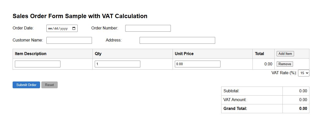sales order form sample with VAT calculation image preview