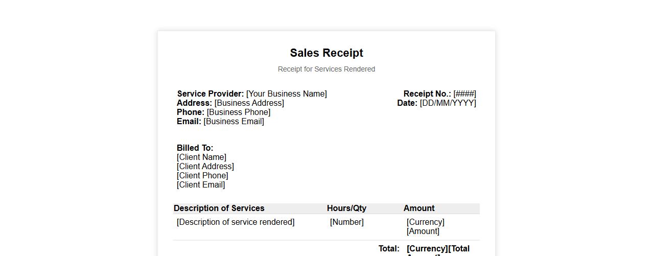 Sales receipt form sample for services rendered image preview