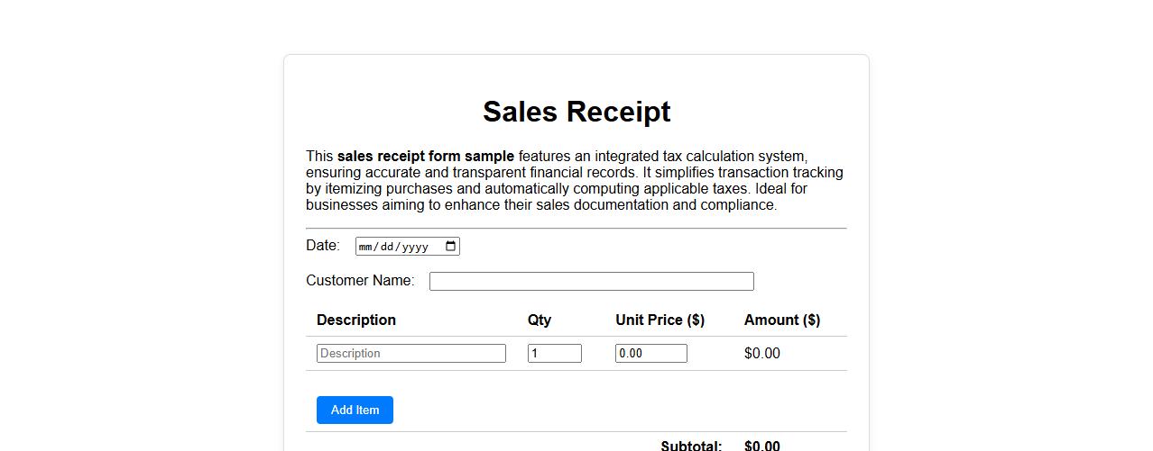 Sales receipt form sample with tax calculation image preview