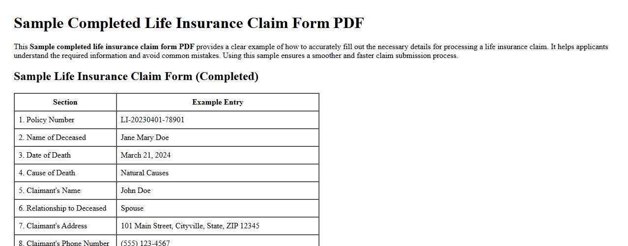 Sample completed life insurance claim form PDF image preview