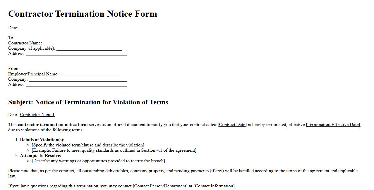 Sample contractor termination notice form for violation of terms image preview