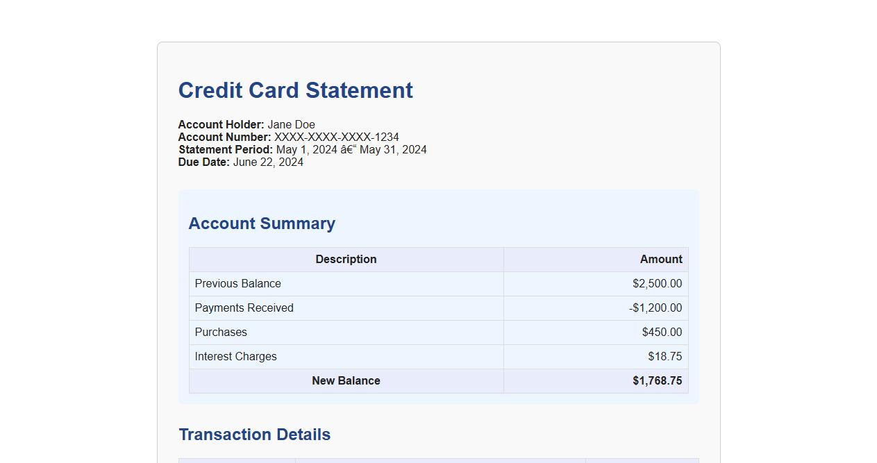 Sample credit card statement template with rewards summary image preview