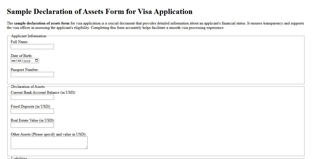 Sample declaration of assets form for visa application image preview