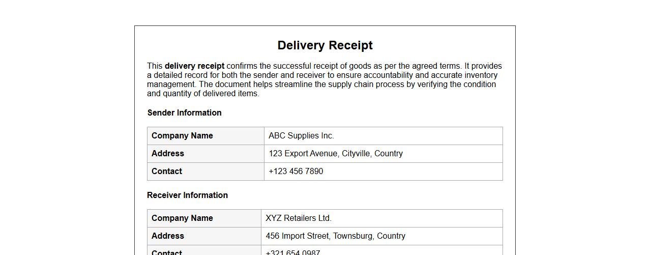 Sample delivery receipt for goods received image preview