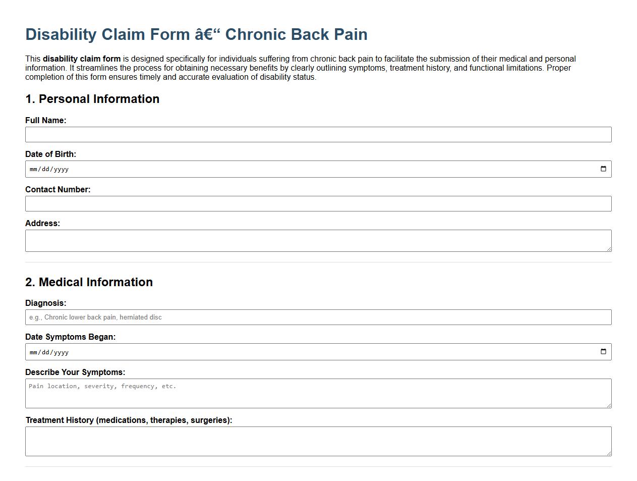 Sample disability claim form for chronic back pain image preview