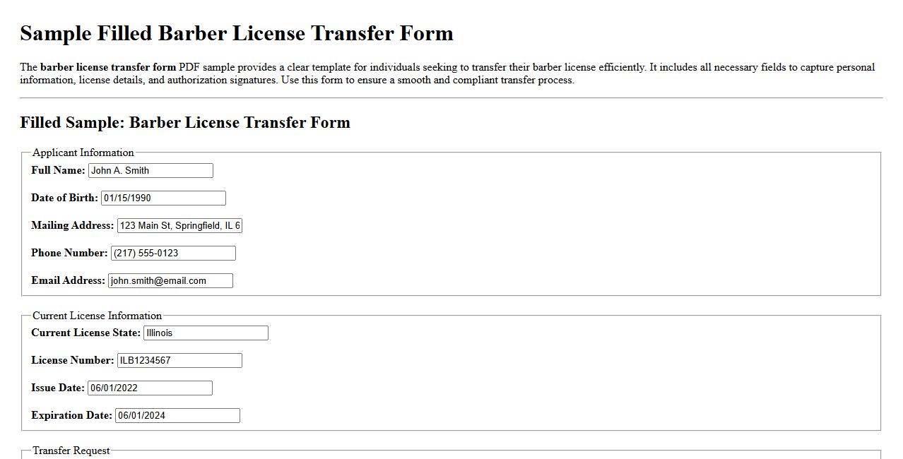 sample filled barber license transfer form PDF image preview