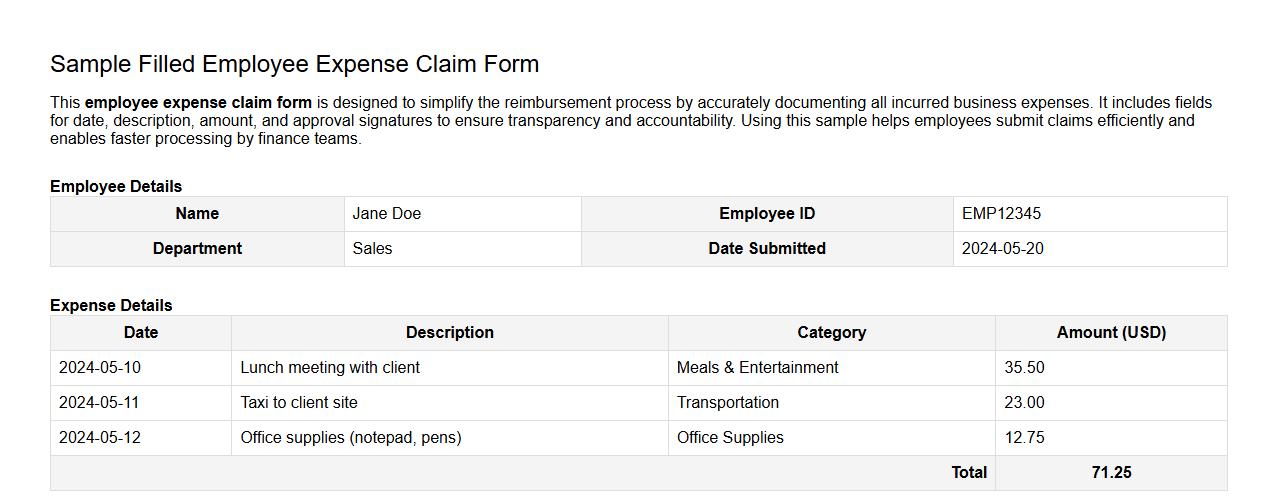 Sample filled employee expense claim form image preview