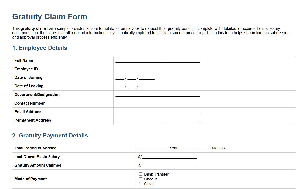 Sample of gratuity claim form with annexures image preview