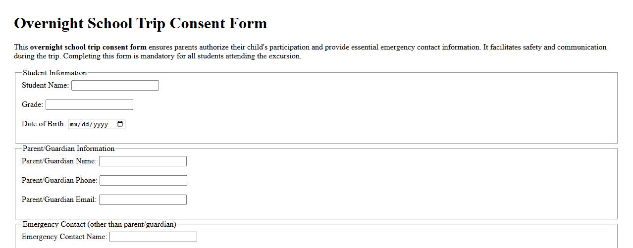 Sample overnight school trip consent form with emergency contacts image preview