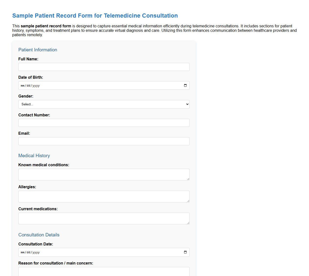 sample patient record form for telemedicine consultation image preview