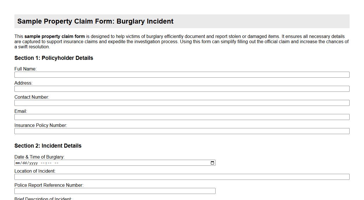 sample property claim form for burglary incident image preview