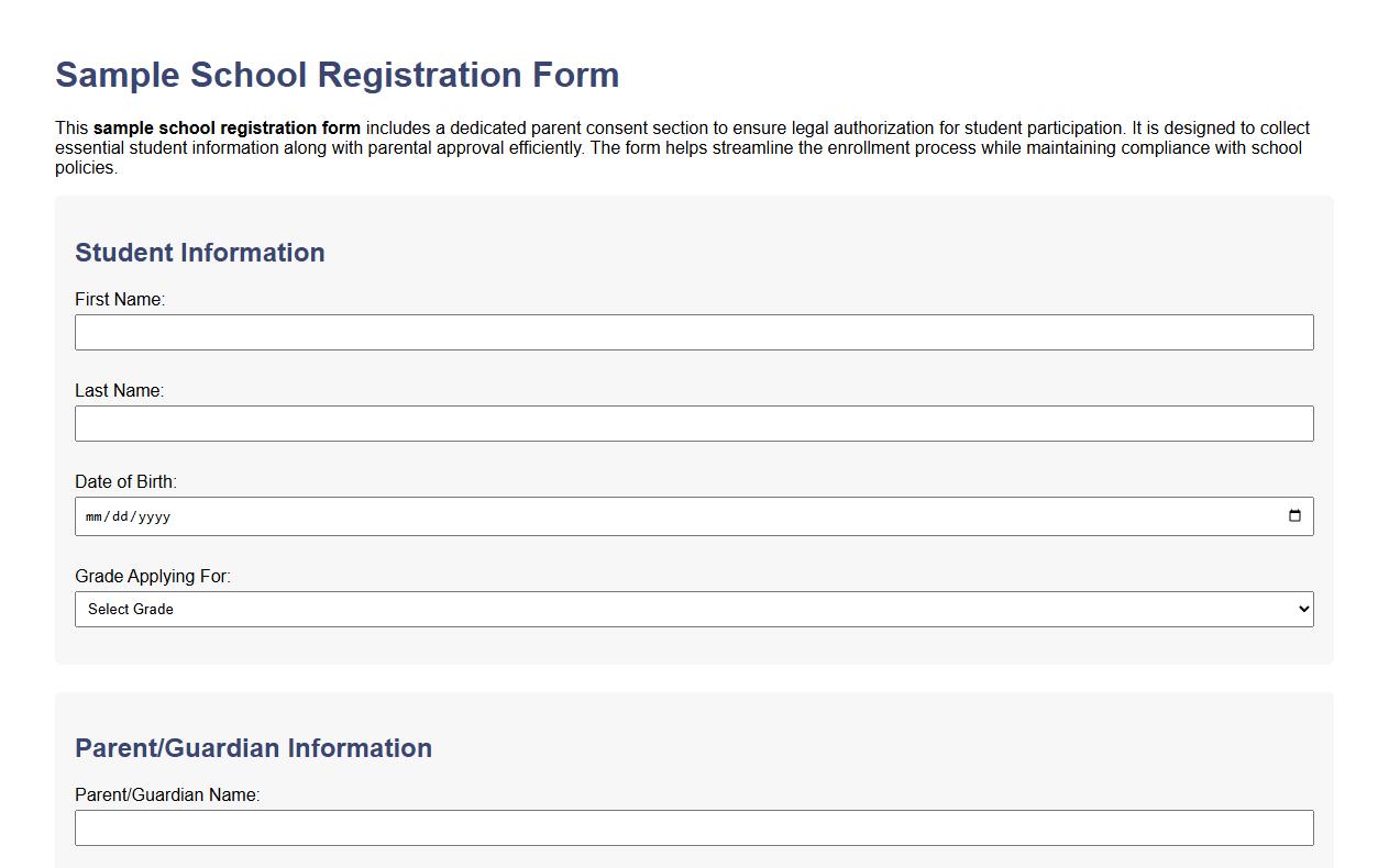 Sample school registration form with parent consent section image preview