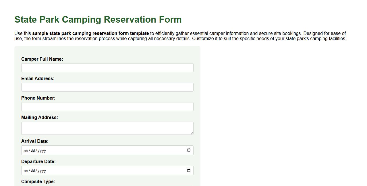 sample state park camping reservation form template image preview