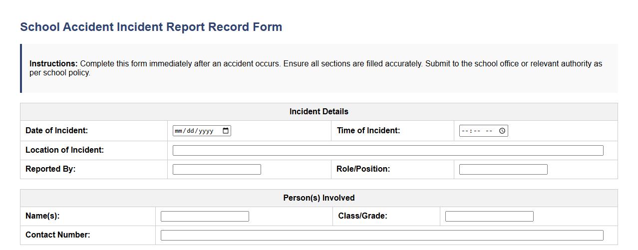 school accident incident report record form sample image preview