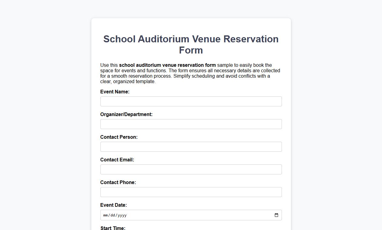 School auditorium venue reservation form sample image preview