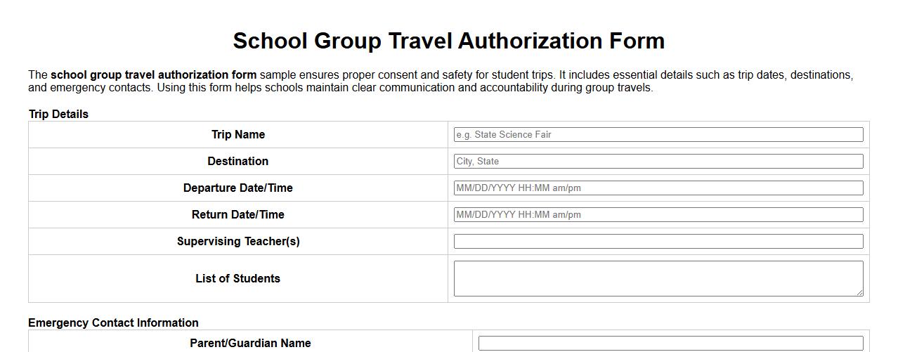 School group travel authorization form sample image preview