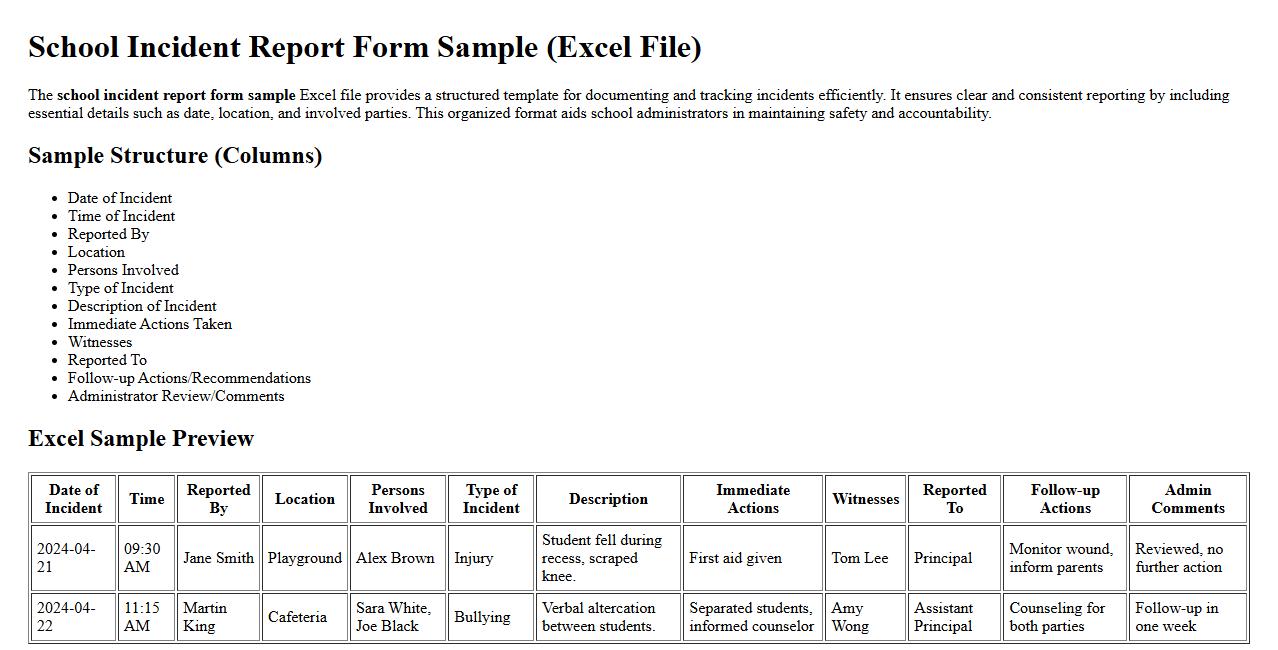 school incident report form sample excel file image preview