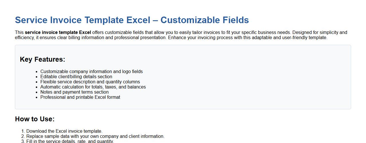 service invoice template excel customizable fields image preview