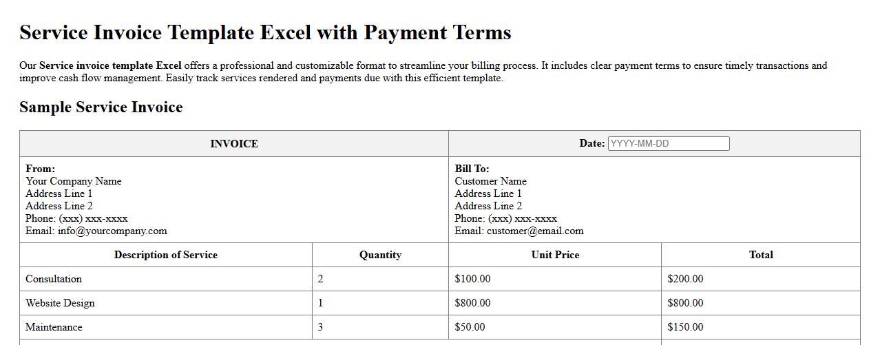Service invoice template Excel with payment terms image preview