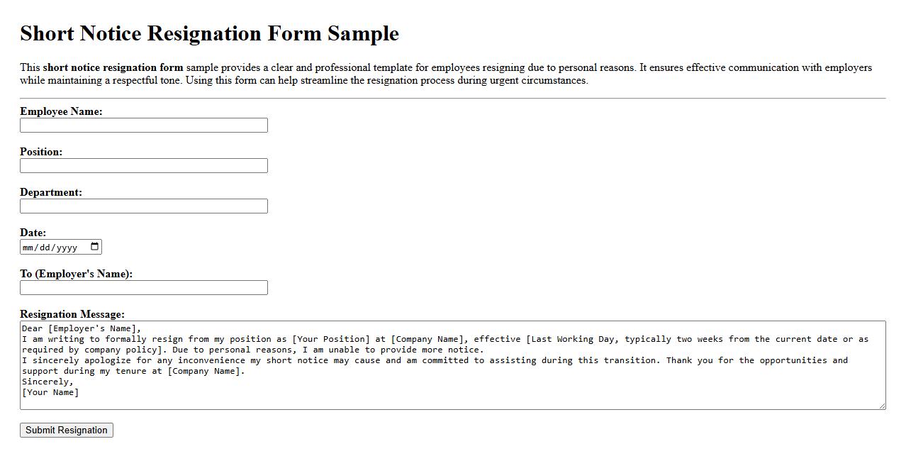 Short notice resignation form sample due to personal reasons image preview