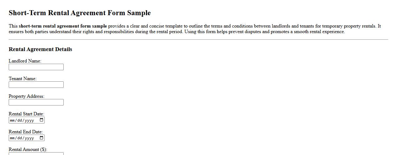 Short-term rental agreement form sample image preview