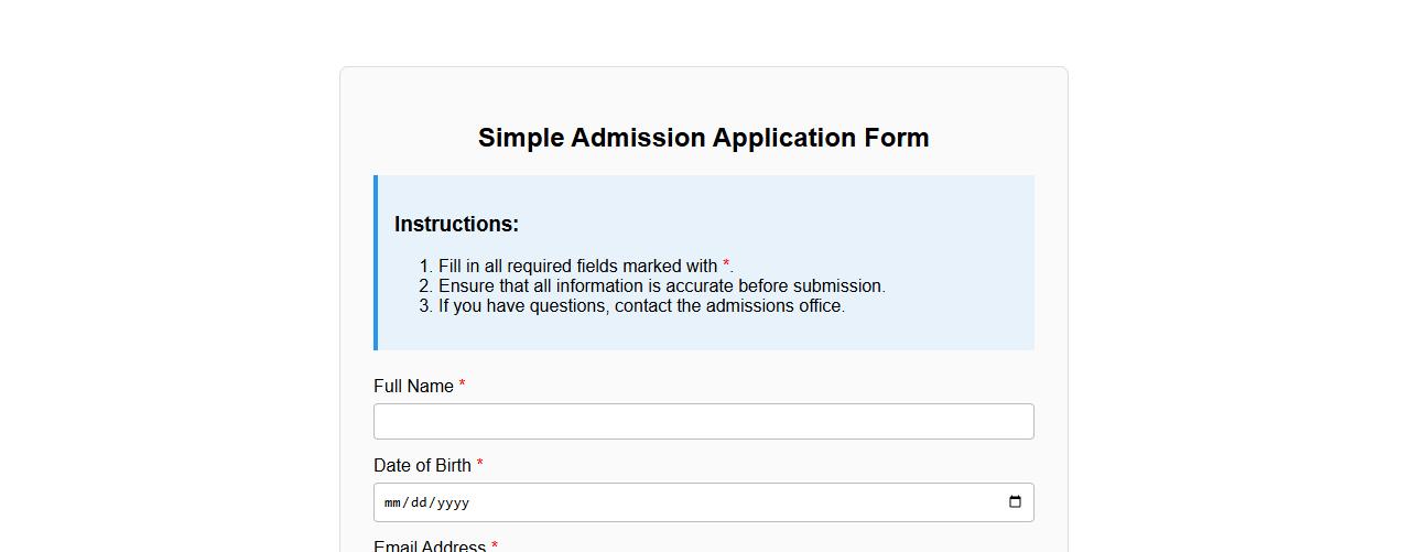 Simple admission application form sample with instructions image preview