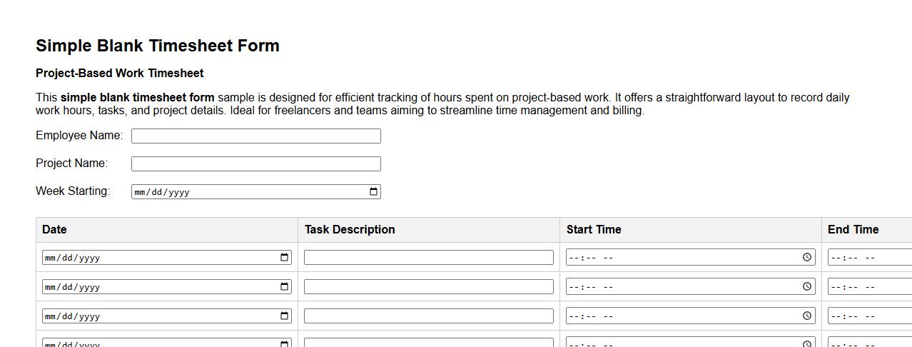 simple blank timesheet form sample for project-based work image preview