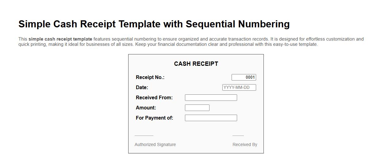Simple cash receipt template with sequential numbering image preview