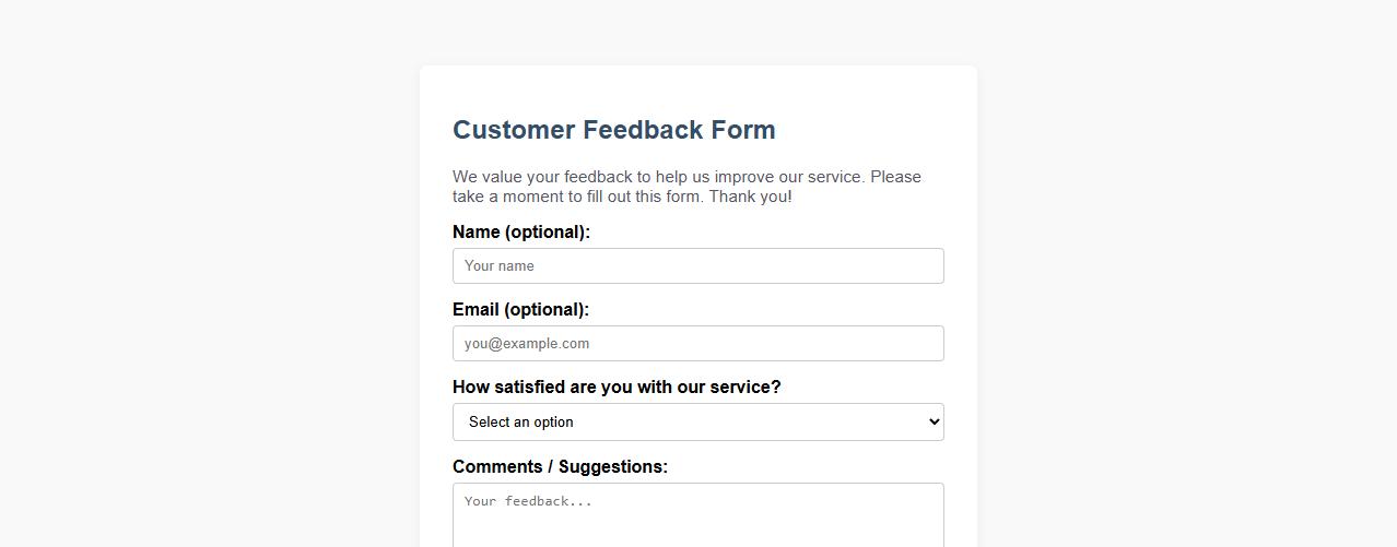 simple customer feedback form sample for small business image preview