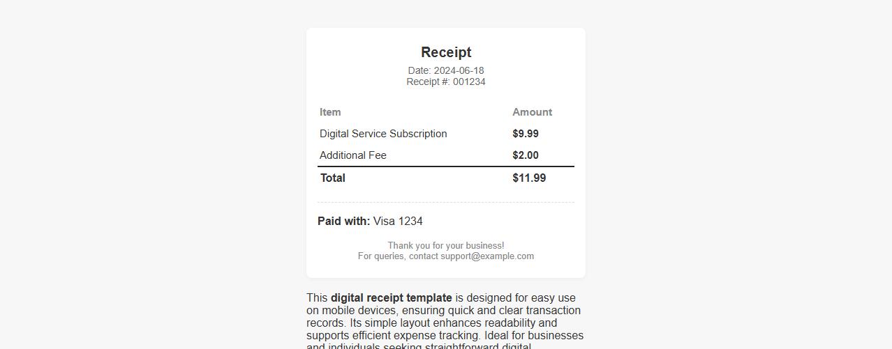 Simple digital receipt template for mobile image preview