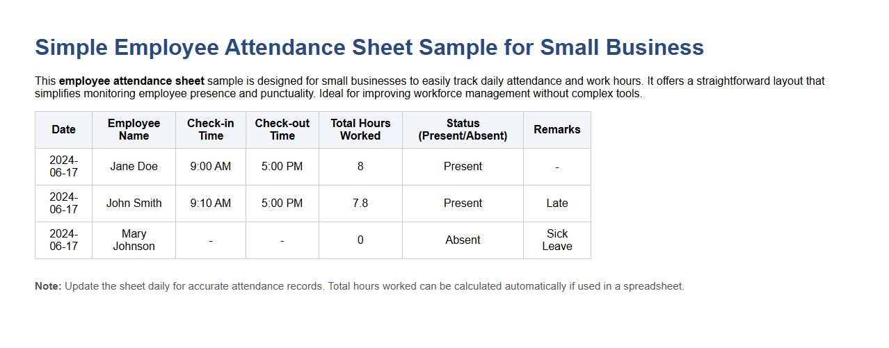 Simple employee attendance sheet sample for small business image preview