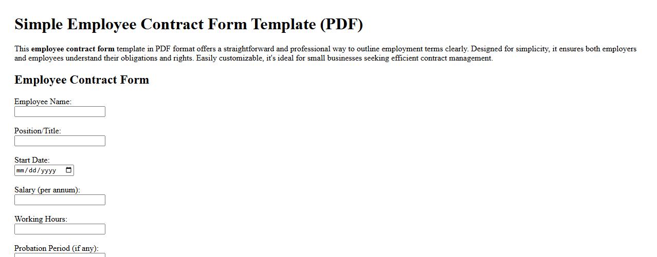 Simple employee contract form template pdf image preview
