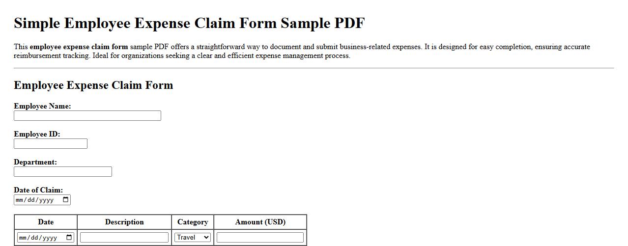 Simple employee expense claim form sample PDF image preview