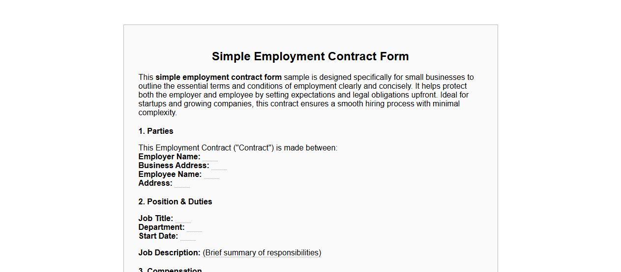 Simple employment contract form sample for small business image preview