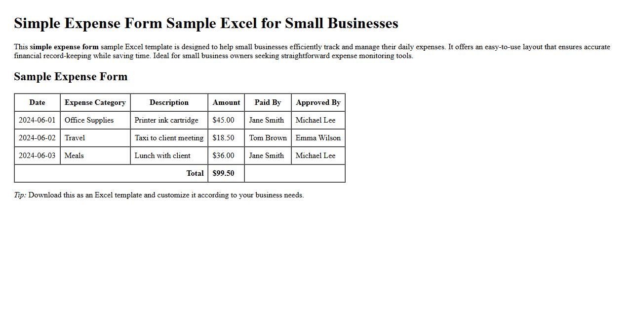 Simple expense form sample Excel for small businesses image preview